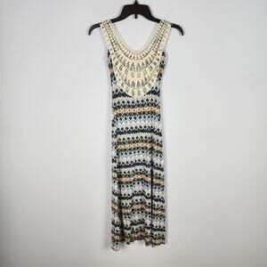 Girls Geometric Print Crochet Back Maxi Dress Size M 8/10 Blue Rayon Blend Beach